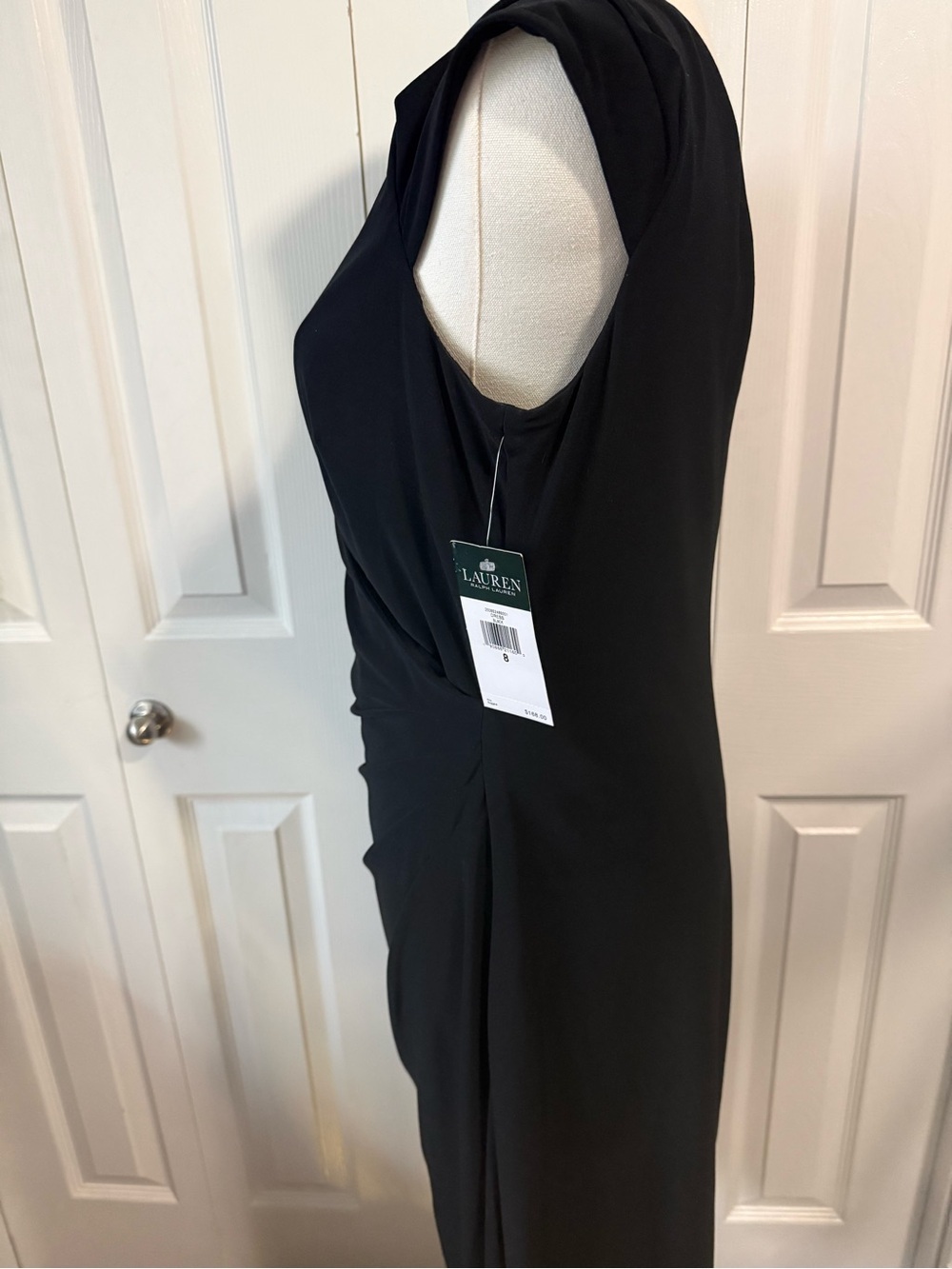 NWT Lauren Ralph Lauren Black Ruched Faux Wrap Sheath Dress SZ 8 Career Cocktail - Picture 4 of 10